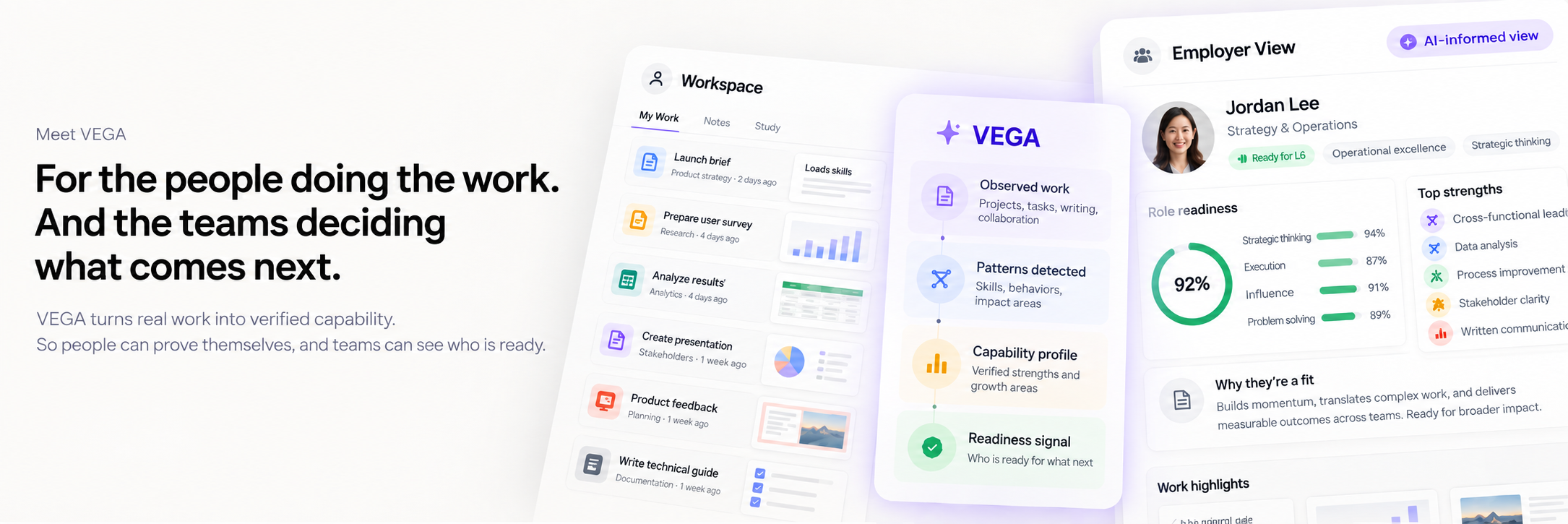 VEGA turns real work into opportunities for builders and hiring teams — Build Workspace connected to Hiring View